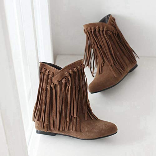 VOKLIN Women's Winter Suede Fringed Ankle Boots Fashion Round Toe Low Wedge Heel Dress Tassel Short Booties3