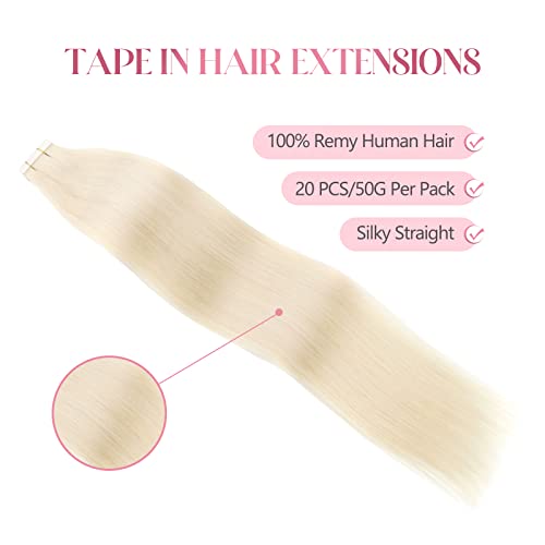 Image of Sixstarhair 50g Tape in Hair Extensions Blonde Hair Extensions Color 60 Ash Blonde Natural Human Hair Extensions Platinum Tape In Extensions For Salon [Color 60 Ash Blonde 20inch]