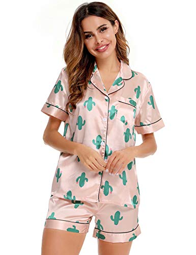 Image of SWOMOG Womens Silk Satin Pajamas Set Short Sleeve Sleepwear Button Down Top and Shorts Loungewear 2 Piece Pjs Set XS-3XL