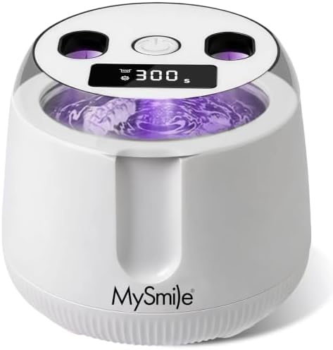 MySmile MS208 Ultraschallreinigungsgerät Zahnschiene mit UV Licht und Timer | 42-48 kHz, 4 UV, 4 Modi, 200 ml, Sichtfenster, Tragbar, Leise, für Prothesen, Mundschutz, Aligner, Wei