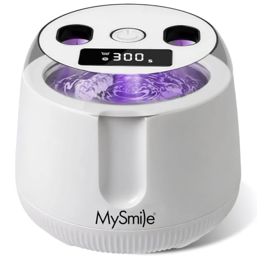 MySmile MS208 Nettoyeur Ultrason Appareil Dentaire avec Lampe UV & Minuteur | 42-48 kHz, 4 UV, 4 Modes, 200 ml, Fenêtre, Portable, Silencieux, Prothèses, Protège-Dents, Gouttières, Blanc