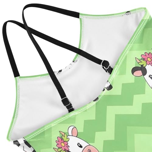Cute Cartoon Cows Green Girls' Swimwear with Adjustable Shoulder Strap, Beach Apparel, 3-104