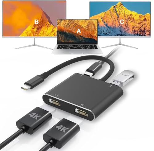 USB C to Dual HDTV Adapter, Fophmo 4K@60Hz HDTV Splitter Extend Display for Dual Monitors, macOS Only Allows Mirror Mode, Windows Allows Multi-Monitor Display 3 Separate Screens for 100W PD,USB-A Port