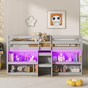 Giantex Low Loft Bed with LED Lights, Wooden Twin Loft Bed with Stairs & Safety Guardrail, Loft Bed Twin Size with Storage Bookcase and Under-Bed Play Space, Loft Bed for Kids (Grey) Giantex Low Loft Bed with LED Lights Wooden Twin Loft Bed with Stairs Safety Guardrail Loft Bed Twin Size with Storage Bookcase and Under Bed Play Space Loft Bed for Kids Grey