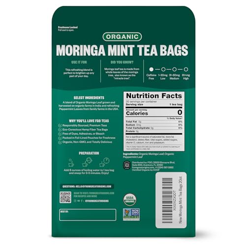 Image of FGO Organic Moringa Mint Tea, 20 Count, Eco-Conscious Herbal Tea Bags, Resealable Bag, Caffeine Free, Packaging May Vary (Pack of 1)