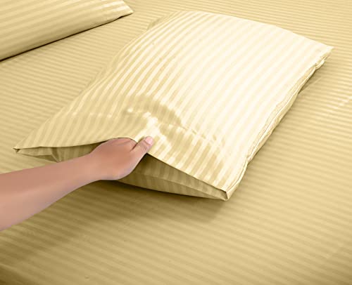 Image of ROYALE LINENS 4 Piece Cal King Sheets Set - Soft Brushed Microfiber Bedding - 1 Fitted, 1 Flat Sheet, 2 Pillow Cases - Wrinkle Free & Fade Resistant - Hotel Luxury Bed Sheets (Stripe Sand, Cal King)