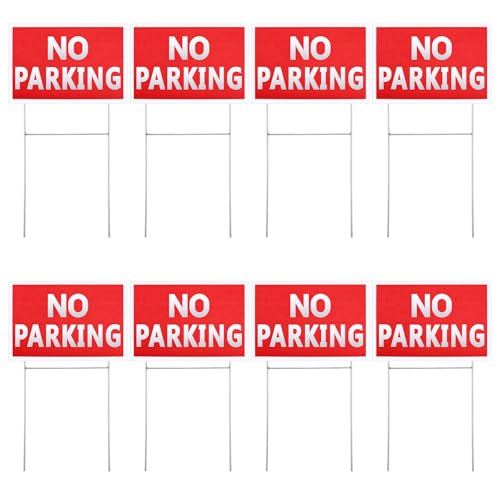 HANLANXUE 8 Pcs 8 x 12 Inches No Parking Signs with Stand Double Side Plastic Outdoor Weather Resistant Waterproof Parking Yard Sign White Letter Red Background for Grass Driveways Yard Lawn