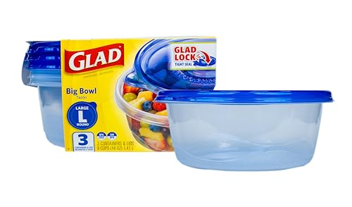 Glad GladWare Big Bowl Food Storage Containers with Lids, Large Round BPA Free Plastic Containers for Soups, Salads, and Meal Prep, Lock Tight Seal, Microwave Dishwasher Safe, 48 Oz, 3 Count