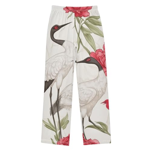Crane Bird Peonies Boys Long Pants Soft Trousers Elastic Waist Kids Lounge Bottoms with Pockets S-XL