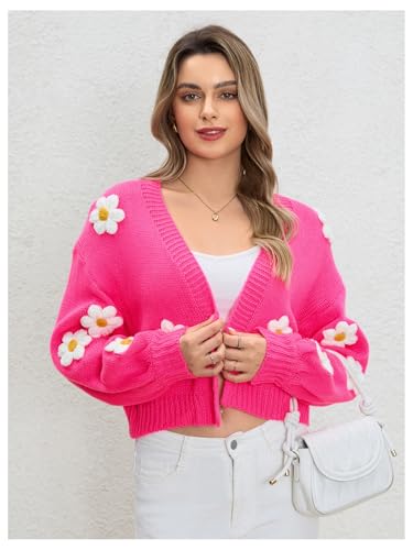 Image of MakeMeChic Women's 3D Floral Cardigan Sweaters Open Front Cropped Cute Cardigan Lantern Sleeve Outerwear