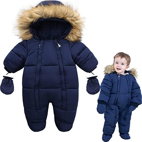 Baby Girls Boys One Piece Romper Two Zipper Cartoon Down Coat Jacket Jumpsuit with Gloves and Shoes Double Zipper for 18-24 Months Navy(SSLML)