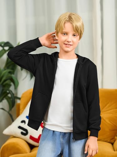 Haloumoning Jungen Sweatjacke Langarm Zip Up Hoodie Kinder Einfarbig Sport Kapuzenjacke Casual Basic Jacke mit Reißverschluss, Schwarz, 11-12 Jahre