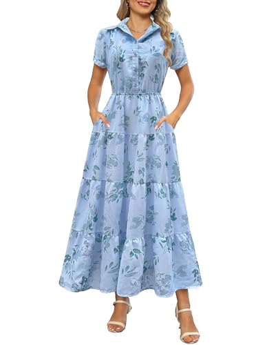 Image of Kranda Women 2026 Summer Collared V Neck Short Sleeve Button Down Chiffon Long Tiered Floral Maxi Dress with Pockets