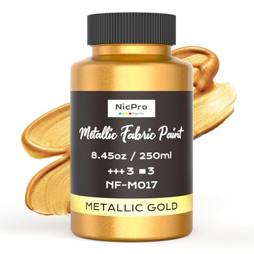 Nicpro Metallic Gold Fabric Paint 8.45 Fl Oz Permanent Soft Fabric Paint for Clothes Non-Toxic Gold Leaf Textile Paint for Fabric Furniture Upholstery T-shirts Shoes
