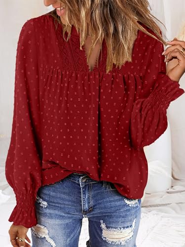 BETTE BOUTIK Women Boho Long Sleeve Shirts Dressy Casual V Neck Fall Fashion Tops Swiss Dot Flowy Blouses