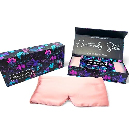 Millie & Boo Mascherina per dormire in seta, 100% pura seta biologica di gelso 19 momme, comoda mascherina per gli occhi rosa chiaro con fascia elastica, confezione regalo di lusso per donne e