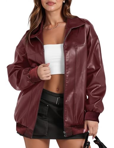 ZEXIGLAD Red Leather Jacket Women Oversized Faux Bomber Jackets Ribbed Long Sleeve Burgundy Motorcycle Fall Winter Coats with Pocket Wine Red M