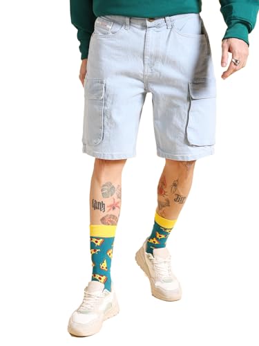 Image of The Indian Garage Co Men Relaxed Fit Solid Mid-Rise Denim Cargo Shorts
