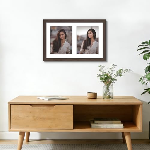 Image of DUENPY 12x19 Double Picture Frame 8x10 Displays Two 8x10 inch Photos Collage Available Horizontal Wall Mounting Display and Vertical Walnut