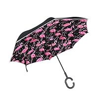 Nander Windproof, Reverse Umbrella, Umbrellas for Women with UV Protection, Upside Down Umbrella with C-Shaped Handle- Pink Cartoon Flamingo