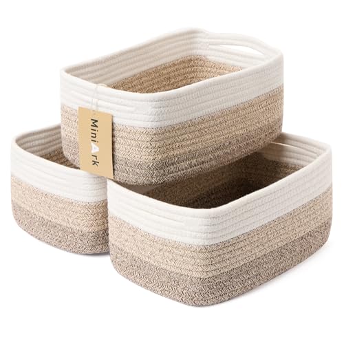MiniArk Small Storage Baskets for Organizing | Closet Organizer Bins | Shelf Toy Basket | Woven Rope Baskets | Cube Decorative Box | Shallow Basket | 13x8.5x5.1” | 3 Packs Gradient Brown