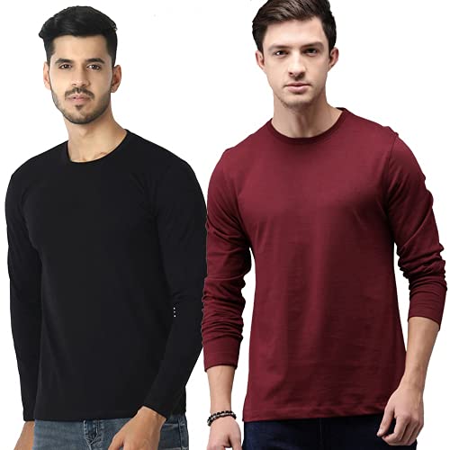 Image of Round Neck Full Sleeve Plain-Solid Regular Fit Casual Men's Multicolor T-Shirts (Pack of 2)