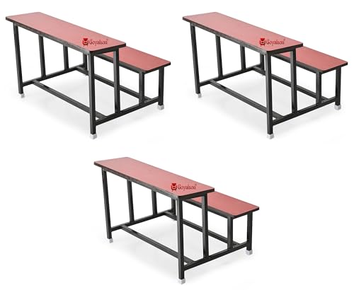 Image of GOYALSON School Home Tution College Bench Duel Desk Student Bench Cum Duel Desk Strong and Sturdy Metal Standard Structure with Wooden Top (3, Red, Small Students Without Back)