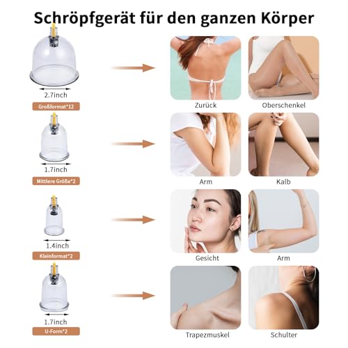 Schröpfgläser mit Vakuumpumpe & Therapiemagneten + Faszien-Schaber ， Schröpfen (18 Stück) gegen Verspannungen & Cellulite und Lymphdrainage, Hochwertiges Schröpfglas-Set für Gesicht und Körper