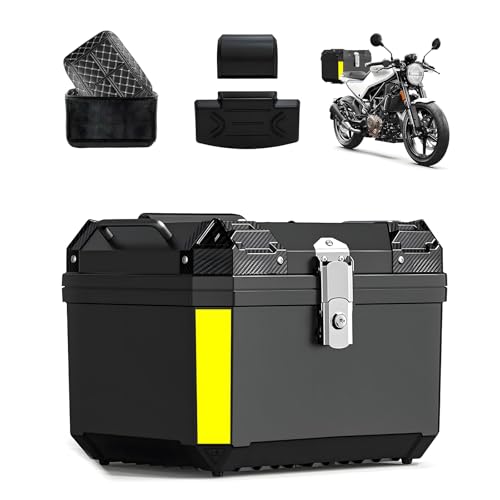 SunlitCorner バイク リアボックス、汎用 45L 大容量 防水 トップケース、バイク用リアボックス、トップケース ボックス バイクケース、レストバック付き トランク ボックス、収納 バックレスト キーロック可能 反射シール ツーリング/キャンプ