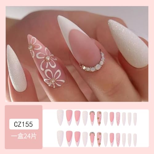 Image of Flower Press on Nails White French Tip Fake Nails Long Stiletto False Nails with Rhinestone Design Nude Glue on Nail Glossy Artificial Acrylic Full Cover Glitter Stick on Nail for Women Manicure