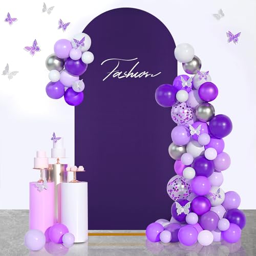 Image of SoarDream Arch Backdrop Cover Purple Spandex Fitted 5FT Wedding Arch Covers Balloon Round Top Chiara Arch Backdrop Fabric for Ceremony Wedding Birthday Party Stage Decoations