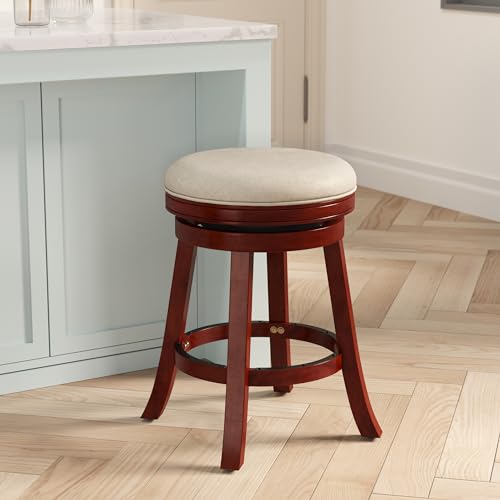 Butaco DTY Creede de 26 pulgadas para altura de mostrador, giratorio sin respaldo, acabado cerezo con asiento de tela beige miniatura 2