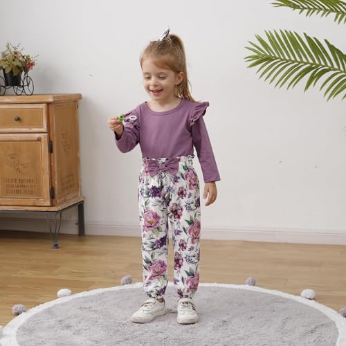 Image of SANMIO Toddler Girl Clothes Cute Ruffle Sleeve Shirt Floral Pants Headband | 3Pcs Fall Winter Outfits Kids Girls Clothing Set 1-6T