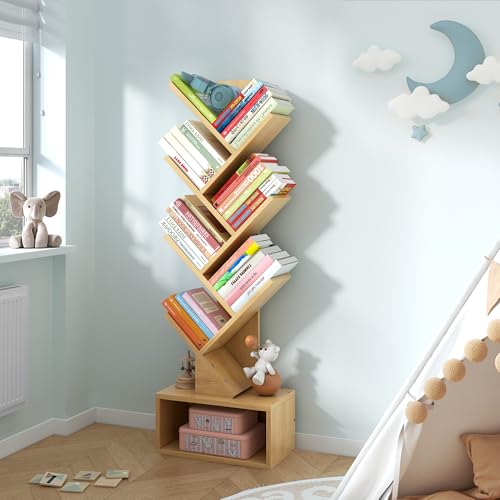 Image of Hoctieon 6 Tier Tree Bookshelf, Tall Bookcase with Drawer, Freestanding Book Shelf, Display Floor Standing Storage Shelf, Book Organizer Shelves for Home Office, Living Room, Bedroom, Yellow