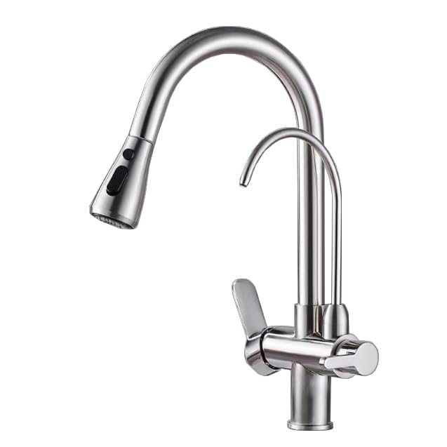 QHQQXN Trójdrożna bateria kuchenna z filtrem wody, obrót o 360°, wyciągana wylewka, 2 tryby, czarna bateria mieszająca do zlewu kuchennego, stylowa i funkcjonalna bateria kuchenna