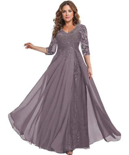 Image of HANVAIOS Sparkly Mother of The Bride Dresses for Women Long Chiffon 3 /4 Sleeve Lace Appliques Formal Gown