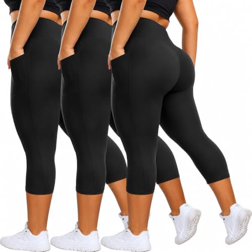 HLTPRO 3 Pack Plus Size Capri Leggings with Pockets for Women - High Waisted Soft Workout Tummy Control Yoga Pants XX-Large