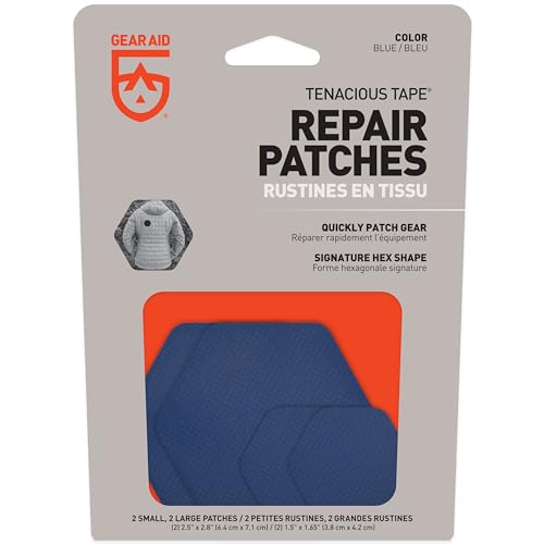 Image of GEAR AID Tenacious Tape Hex Repair Patches, 2.5 inch & 1.5 inch, Blue, 4 Count | Pre-Cut Peel-and-Stick Repair Patches for Fixing Holes, Tears and Burns in Jackets, Tents, Sleeping Bags and Gear
