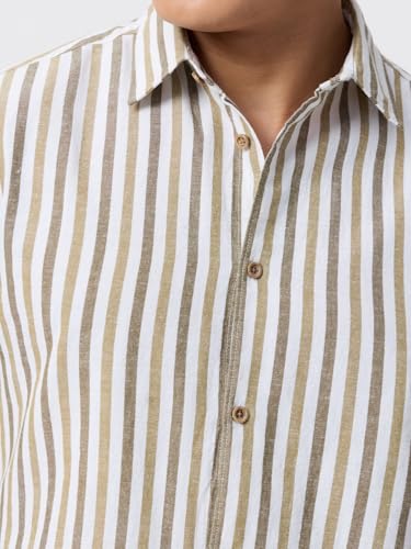 Image of The Souled Store: Echo Men and Boys Long Sleeve Spread Collar Beige and Blue Striped Regular Fit Casual Easy to Wear Summer Ready Lightweight Cotton Linen Shirt