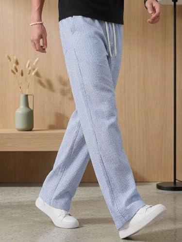 Image of Men's Casual Striped Trouser | Relaxed Fit Drawstring Pants for Men | Elastic Waist Straight Fit Lounge Trousers | Lightweight Summer Cotton Bottoms | Comfortable Daily, Beach, Travel Pants