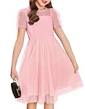 Arshiner Girls Dress Contrast Mesh Puffy Short Sleeve A Line Casual Party Dress 11-12 Year Light Pink