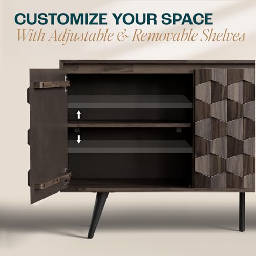 Image of Bme Georgina Solid Wood Sideboard with Geometric Pattern, 2 Doors and 3 Drawers, 61 Inch Mid Century Modern Sideboard Cabinet for Kitchen, Dining Room, Living Room, Mocha