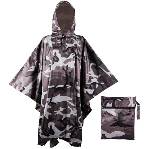 Heavy Duty Rain Poncho for Backpacking, Waterproof Lightweight for Adults, Military, Emergency, Camping, Men, Women (Adult-Square-New Camo)