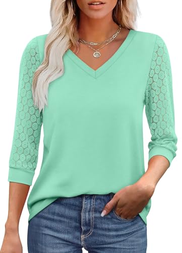 V Neck Blouses for Women Dressy Casual Lace 3/4 Sleeve