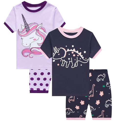 Little bety Girls Pajamas Short Sleeve Toddler Cotton Pjs Unicorn Sleepwear Glow Dinosaur Pajama Summer Clothes 2T Blue&Purple