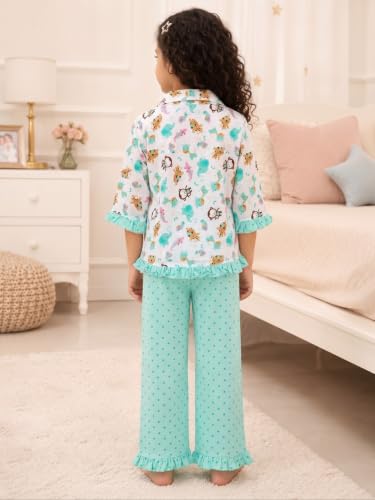 Image of superminis Baby Girls Hosiery Printed ' Animal Print Full Sleeves Night Suit with Frill On T Shirt and Pyjama