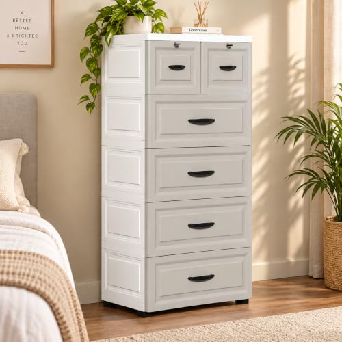 Image of KRISHYAM 6-Tier Plastic Drawer Storage Cabinet with Lockable Top Compartments & Concealed Wheels, Multipurpose Clothes Organizer for Bedroom, Kids Room & Home (6 Drawer (Grey & White))