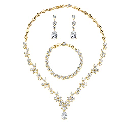 Wedding Jewelry for Bride, Gold Plated Bridal Necklace Earrings Bracelet Set with Clear Cubic Zirconia, Bridemaids Jewelry Set for Wedding, Crystal Wedding Party Jewelry Set for Women Girls