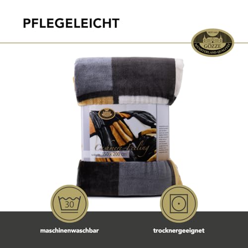 Gözze - Weiche Kuscheldecke, Cashmere Feeling, Hohes Stoffgewicht 500 g/m², Antigua, 150 x 200 cm - Senf/Schwarz/Weiß