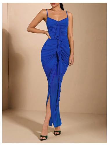 Image of Floerns Women's Ruffle Ruched Cami Dress Draped Split Elegant Bodycon Maxi Dresses